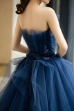 A Line Tulle Lace Floor Length Dark Blue Long Prom Dress KPP2368