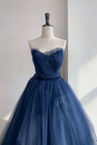 A Line Tulle Lace Floor Length Dark Blue Long Prom Dress KPP2368