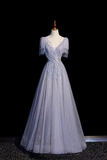 Silver Blue Tulle Prom Dress V Neck A Line Evening Gown with Embellished Bodice KPP2369