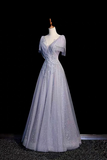 Silver Blue Tulle Prom Dress V Neck A Line Evening Gown with Embellished Bodice KPP2369