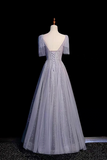 Silver Blue Tulle Prom Dress V Neck A Line Evening Gown with Embellished Bodice KPP2369