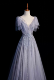 Silver Blue Tulle Prom Dress V Neck A Line Evening Gown with Embellished Bodice KPP2369