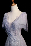 Silver Blue Tulle Prom Dress V Neck A Line Evening Gown with Embellished Bodice KPP2369