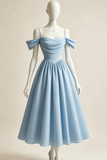 Off the Shoulder Tea Length Blue Satin Prom Dresses, Short Formal Graduation Dresses KPH0815