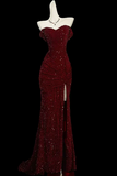 Mermaid Sweetheart Off Shoulder Velvet Sequin Burgundy Long Prom Dress KPP2371