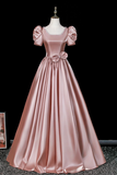 Elegant Pink Satin Ball Gown with Pearl Trim & Bow Detail KPP2377