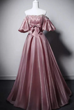 Pink Beaded Satin Off Shoulder Scoop Long Prom Dress, A Line Wedding Party Dress KPP2379