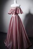 Pink Beaded Satin Off Shoulder Scoop Long Prom Dress, A Line Wedding Party Dress KPP2379