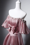 Pink Beaded Satin Off Shoulder Scoop Long Prom Dress, A Line Wedding Party Dress KPP2379