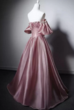 Pink Beaded Satin Off Shoulder Scoop Long Prom Dress, A Line Wedding Party Dress KPP2379