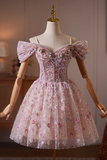 Unique Off Shoulder Tulle Sequin Pink Short Prom Dress with Beads KPH0818