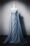 A Line Sweep Train Organza Blue Long Prom Dress with Beads KPP2384