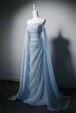 A Line Sweep Train Organza Blue Long Prom Dress with Beads KPP2384