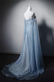 A Line Sweep Train Organza Blue Long Prom Dress with Beads KPP2384