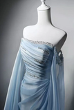 A Line Sweep Train Organza Blue Long Prom Dress with Beads KPP2384