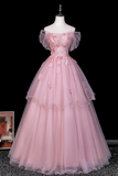 Pink Off Shoulder Tulle Ball Gown with 3D Floral Appliques KPP2385