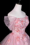 Pink Off Shoulder Tulle Ball Gown with 3D Floral Appliques KPP2385