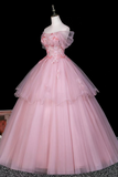 Pink Off Shoulder Tulle Ball Gown with 3D Floral Appliques KPP2385