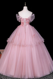 Pink Off Shoulder Tulle Ball Gown with 3D Floral Appliques KPP2385