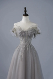 A Line Grey Tulle Sweetheart Long Prom Dress with Lace Applique, Evening Party Dress KPP2395