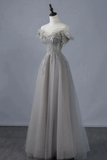 A Line Grey Tulle Sweetheart Long Prom Dress with Lace Applique, Evening Party Dress KPP2395