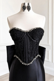 Mermaid Sweetheart Satin Sweep Train Lace Black Long Prom Dress with Beads KPP2396