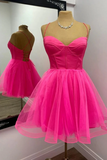 Hot Pink Corset Tulle Homecoming Dresses, Spaghetti Straps Lace-up Back Cocktail Party Dress
