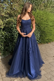 Navy Blue Lace Straps Prom Dress, A-Line Tulle with Lace Applique Long Evening Dress

