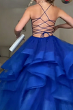 A woman shown from behind wearing a voluminous royal blue tulle ball gown with a lace-up open back. She is holding a white cylindrical object in a home setting.