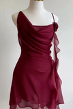 A sleeveless draped dress in deep burgundy red, displayed on a white mannequin torso against a plain light background.