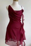 A sleeveless draped dress in deep burgundy red, displayed on a white mannequin torso against a plain light background.