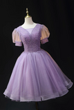 Purple V Neck Tulle Beading Sequin Short Prom Dress, Purple Homecoming Dress
