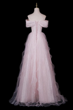 Pink Off-Shoulder Sequin Gown with Ruffled Shoulders & Layered Tulle Skirt
