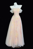 Dreamy Pastel Tulle Gown with Ruffled Off-Shoulder Sleeves
