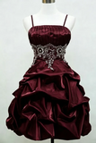 Wine Red Spaghetti Strap Evening Dress, Lace Waist Ruched Homecoming Dress KPH0833
