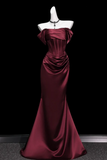 Wine Red Satin Off Shoulder Floor Length Party Dress, Strapless Evening Dress

