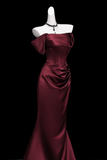 Wine Red Satin Off Shoulder Floor Length Party Dress, Strapless Evening Dress
