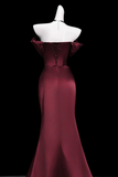 Wine Red Satin Off Shoulder Floor Length Party Dress, Strapless Evening Dress
