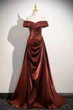 Metallic Burgundy Off-Shoulder Evening Gown with Ruched Skirt
