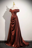 Metallic Burgundy Off Shoulder Prom Evening Dress with Ruched Skirt KPP2428