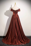 Metallic Burgundy Off-Shoulder Evening Gown with Ruched Skirt
