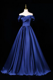 Navy Blue Satin Off-Shoulder Ball Gown with Criss, Elegant A-Line Evening Dress
