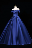 Navy Blue Satin Off-Shoulder Ball Gown with Criss, Elegant A-Line Evening Dress
