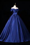 Navy Blue Satin Off-Shoulder Ball Gown with Criss, Elegant A-Line Evening Dress
