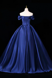 Navy Blue Satin Off-Shoulder Ball Gown with Criss, Elegant A-Line Evening Dress

