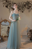 Dusty Blue Spaghetti Straps Tulle Long Prom Dress, Corset Bodice Blue Long Formal Evening Dresses
