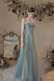 Dusty Blue Spaghetti Straps Tulle Long Prom Dress, Corset Bodice Blue Long Formal Evening Dresses
