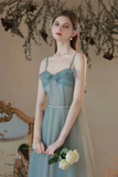 Dusty Blue Spaghetti Straps Tulle Long Prom Dress, Corset Bodice Blue Long Formal Evening Dresses
