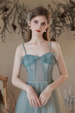 Dusty Blue Spaghetti Straps Tulle Long Prom Dress, Corset Bodice Blue Long Formal Evening Dresses
