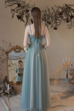 Dusty Blue Spaghetti Straps Tulle Long Prom Dress, Corset Bodice Blue Long Formal Evening Dresses
